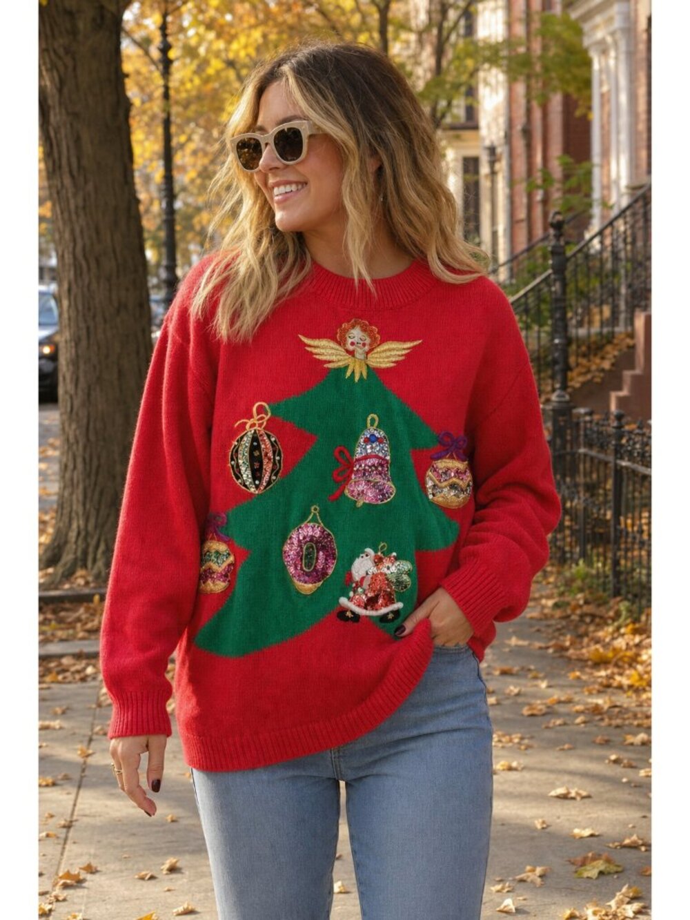 UGLY CHRISTMAS Sweater Red Sequin Long Sleeve Ornament Gag Gift Novelty Party M